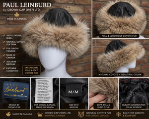 Paul Leinburd Crown Cap Natural Coyote Fur Leather Women's Winter Hat Medium